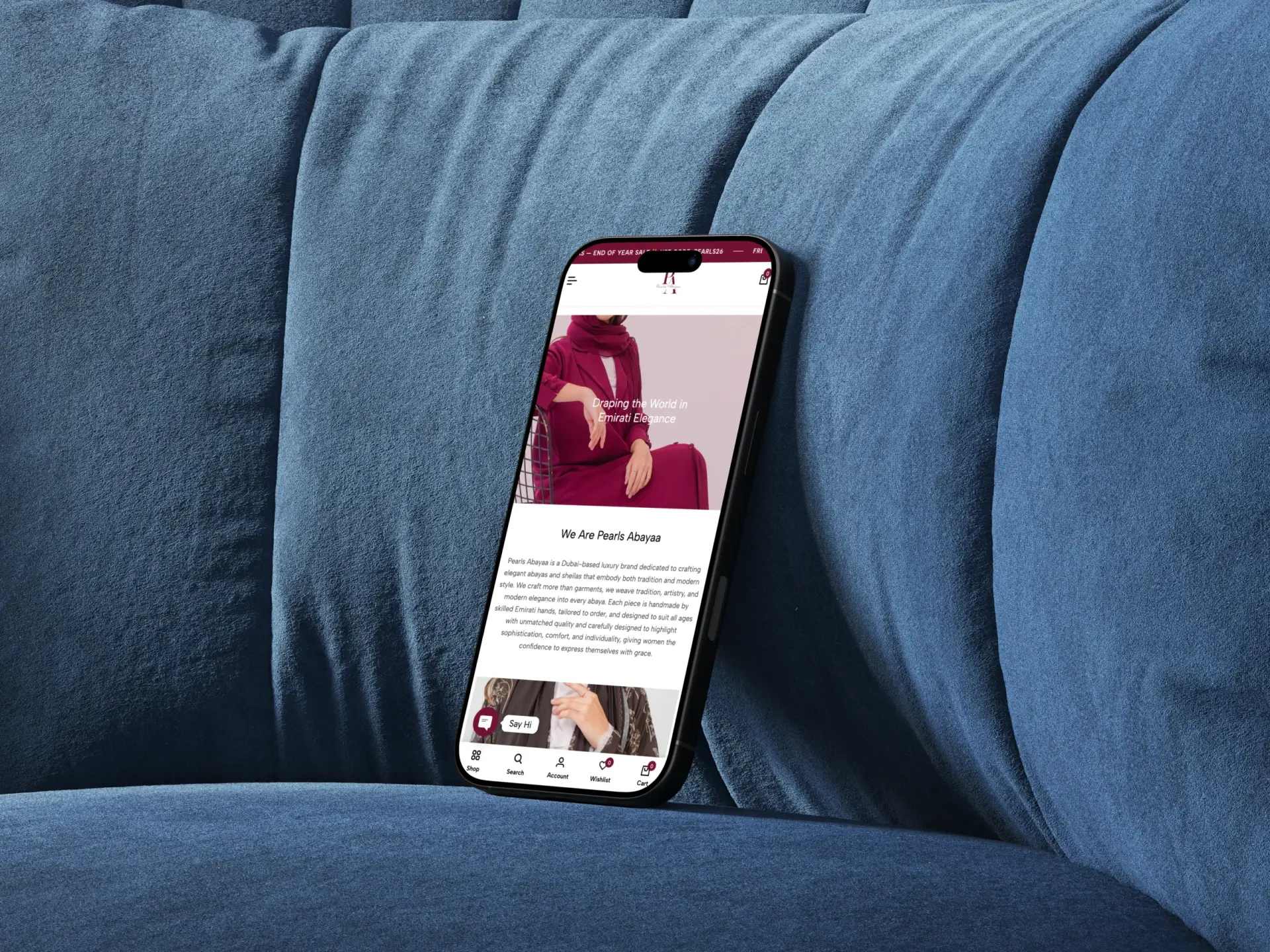 Pearls Abayaa website phone mockup